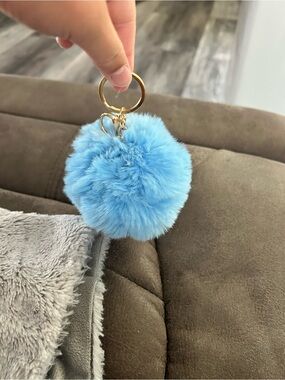 4/$50 Plush Light Blue Pom Pom Keychain with Gold Ring